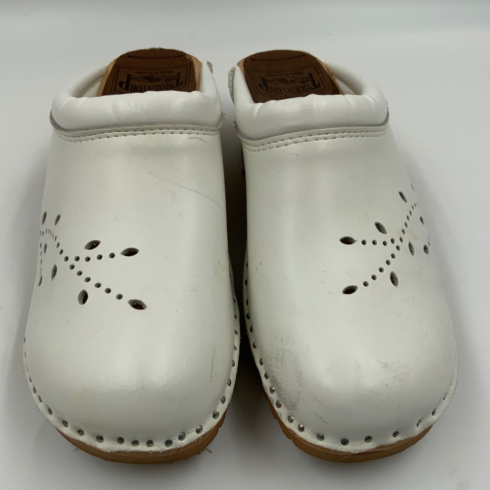 Troentorp Swedish Clogs White Leather Perforated Floral Mule Wood Sole Womens 37